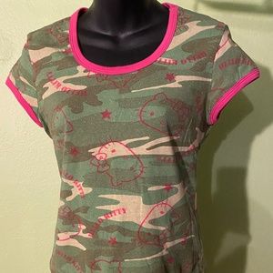 HELLO KITTY - SANRIO by Doe Army Green Camouflage Shirt Large.